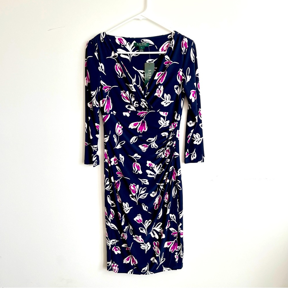 NWT Ralph Lauren Faux Wrap Dress Blue/Purple/White Floral | Size 4 | 3/4 Sleeves